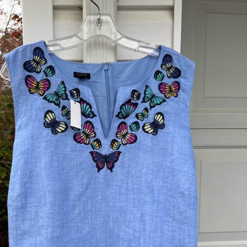 NWT Talbots Pretty Blue Embroidered Butterflies Sleeveless Linen Cotton Blend - Picture 2 of 6
